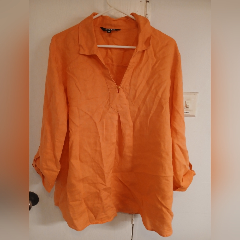 Ellen Tracy Orange Linen V-Neck Blouse